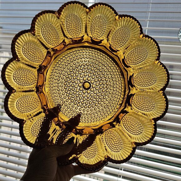 Vtg Amber Gold Glass Hobnail 15 Deviled  Egg Serving Tray Platter Plant Holder - Picture 1 of 9